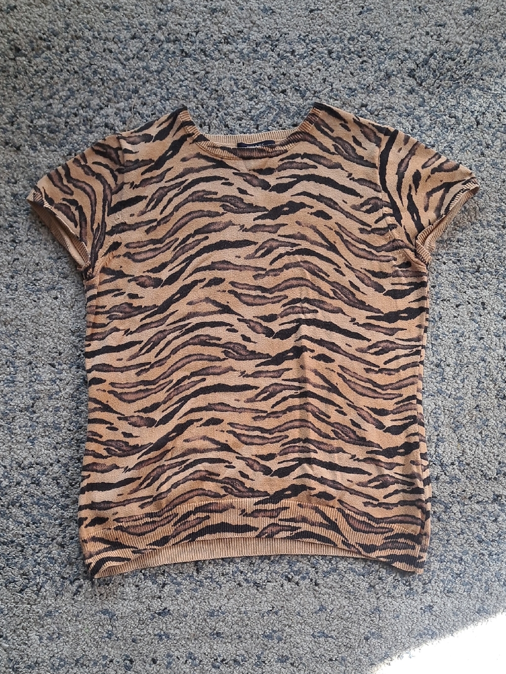 Chaps Tan and Black Tiger-Stripe Short Sleeve Top